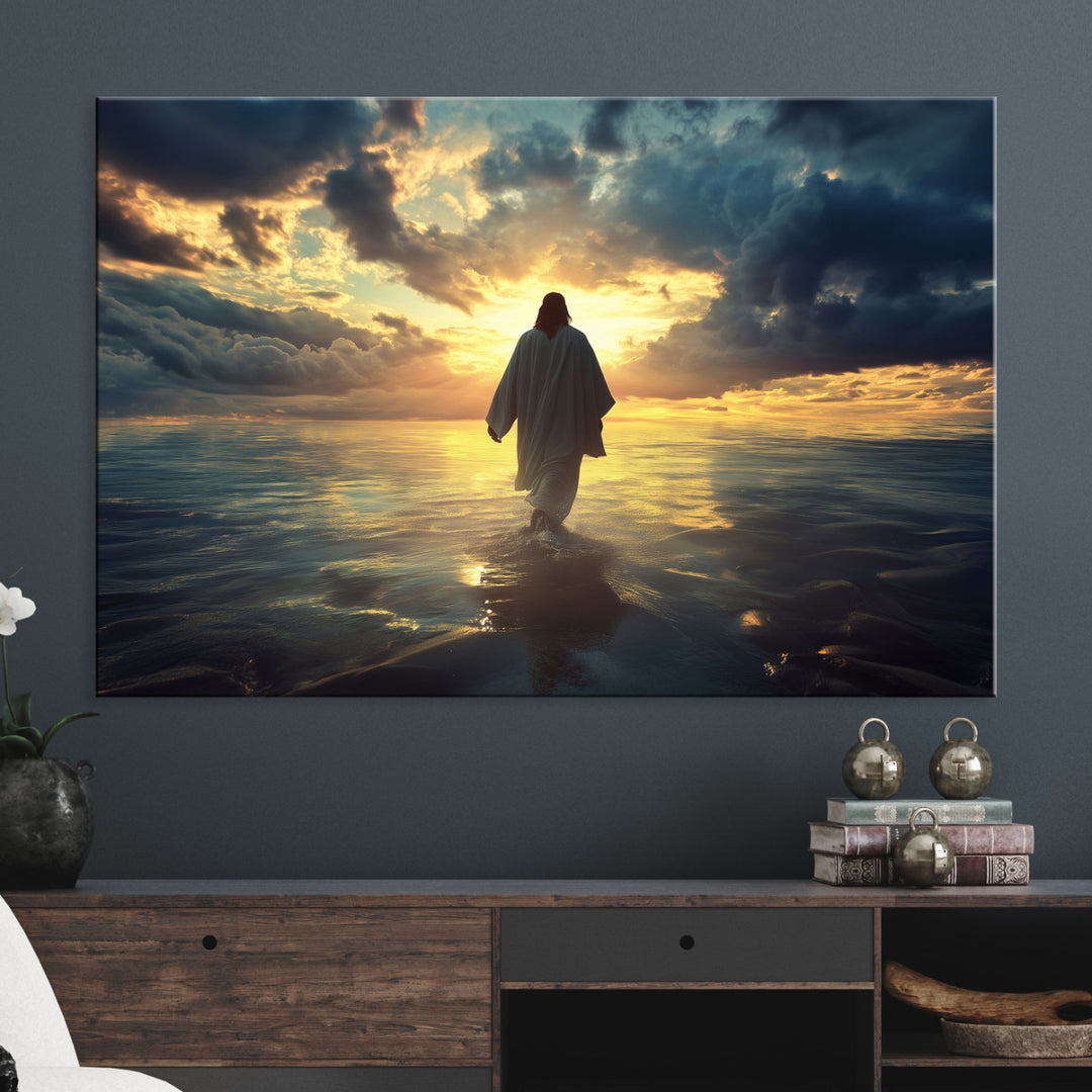 Jesus Walks Wall Art Canvas Print, Framed Divine Sunset Art Picture Print, Spiritual Light Perfect Spiritual Tranquil Decor Artwork
