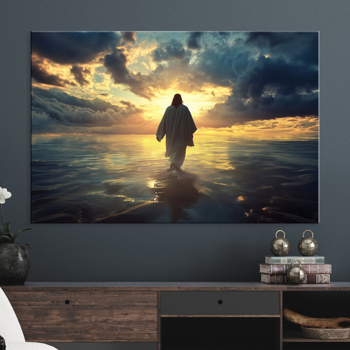 Jesus Walks Wall Art Canvas Print, Framed Divine Sunset Art Picture Print, Spiritual Light Perfect Spiritual Tranquil Decor Artwork