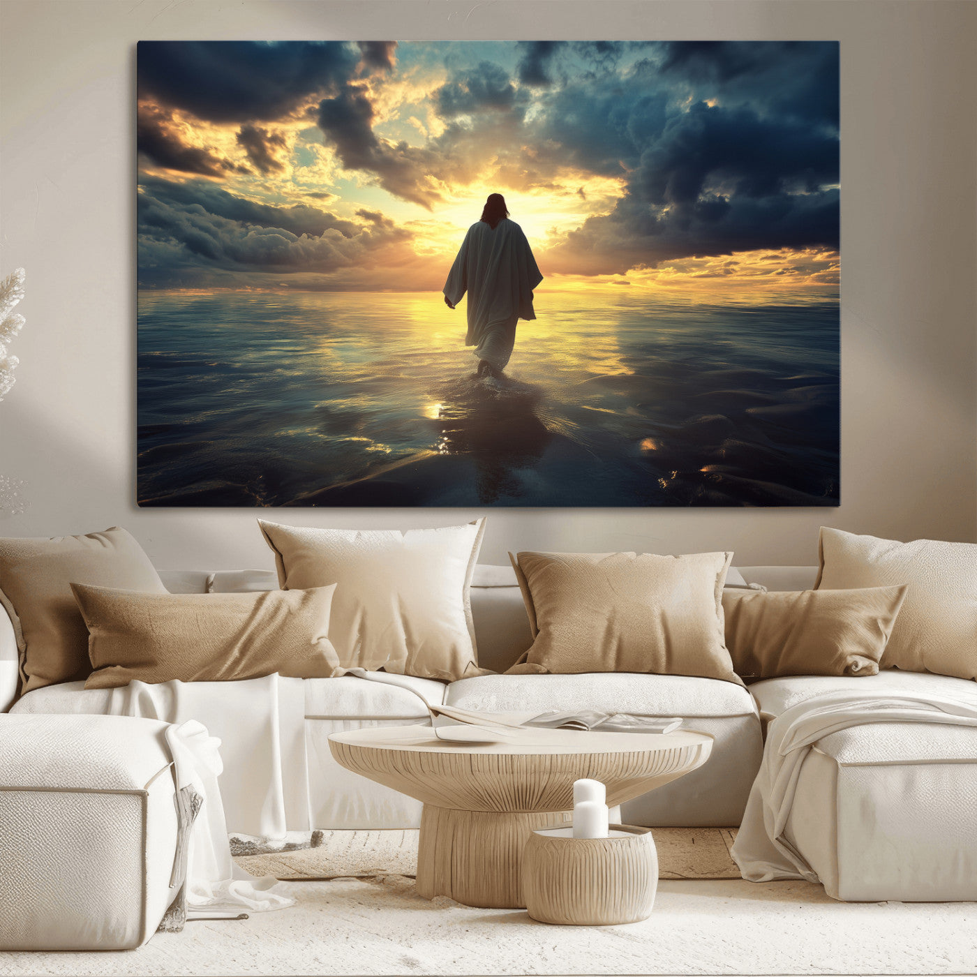 Spiritual artwork of Jesus walking on water at golden hour with divine light, ideal for Christian home decor or prayer room.