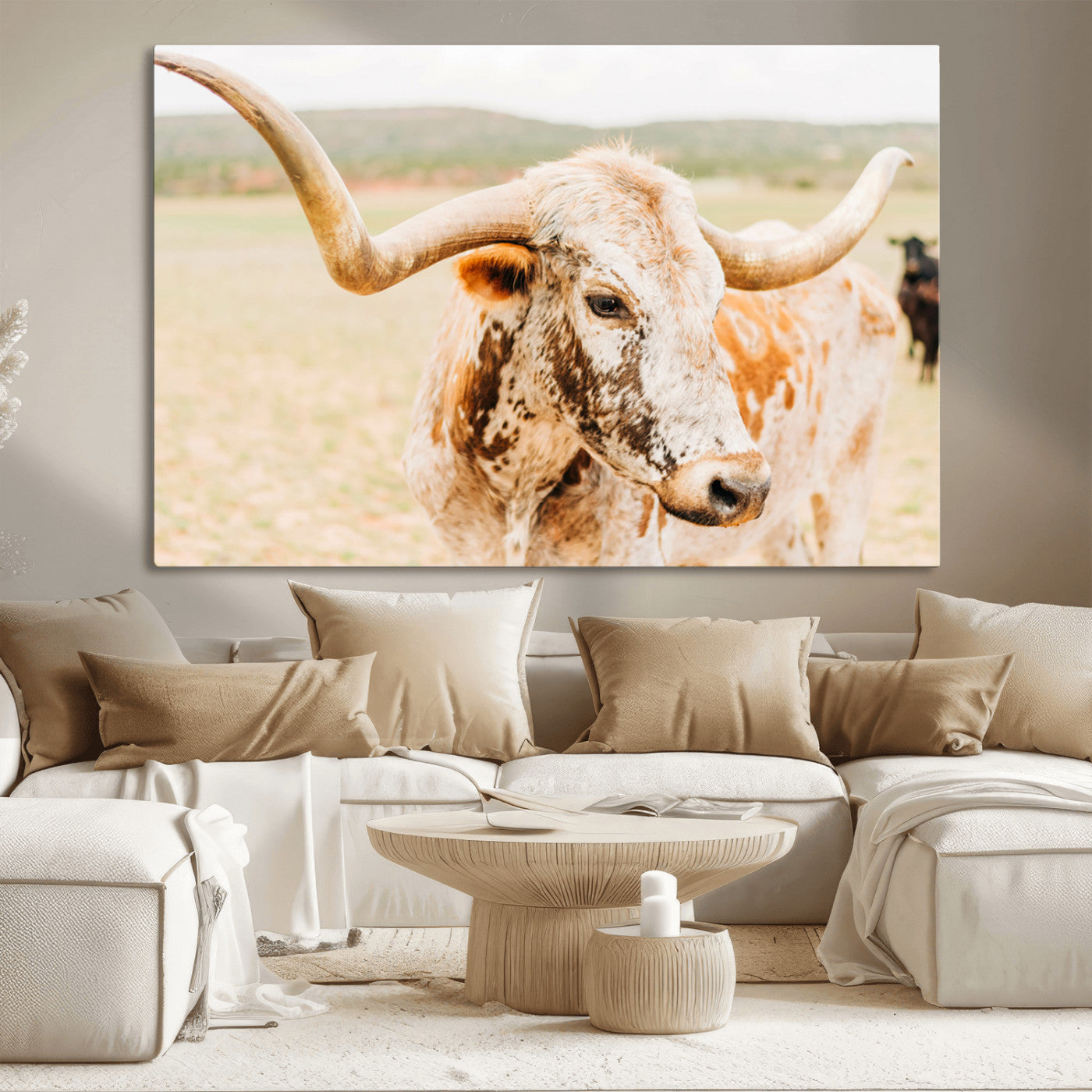 Close-up of a speckled Texas Longhorn in warm prairie tones, perfect for rustic western or countryside-themed room decor.