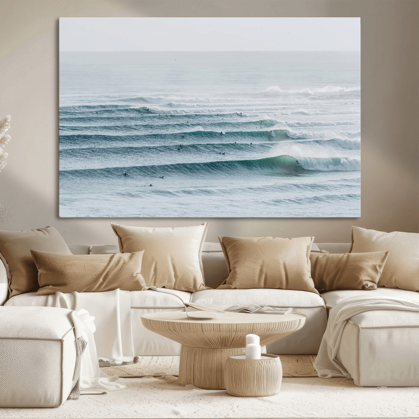 High-angle view of surfers lining up across layered ocean waves, ideal for minimal coastal or surf-inspired room decor.