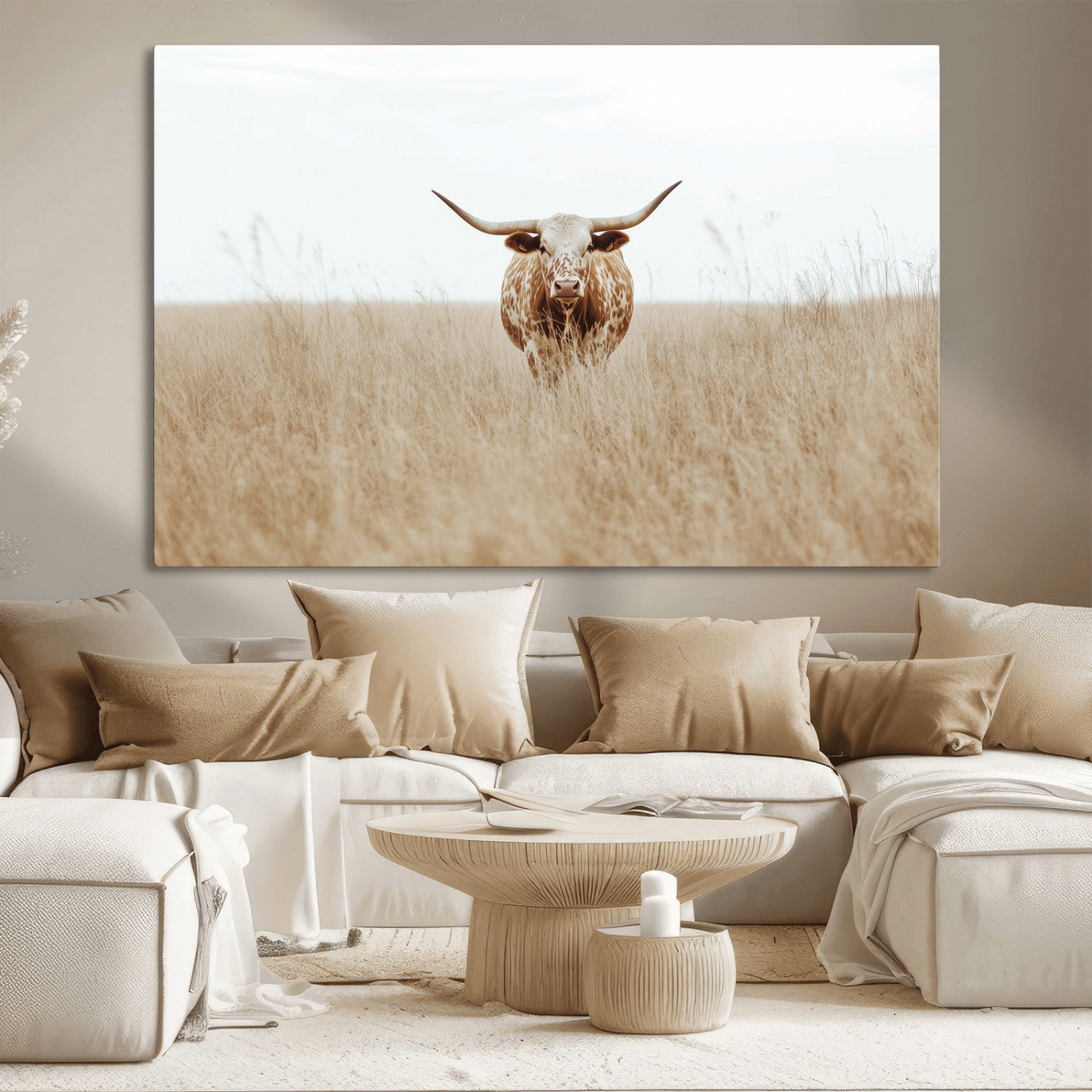 Texas Longhorn bull standing alone in dry grass with neutral tones, ideal for rustic western or cowboy-themed wall decor.