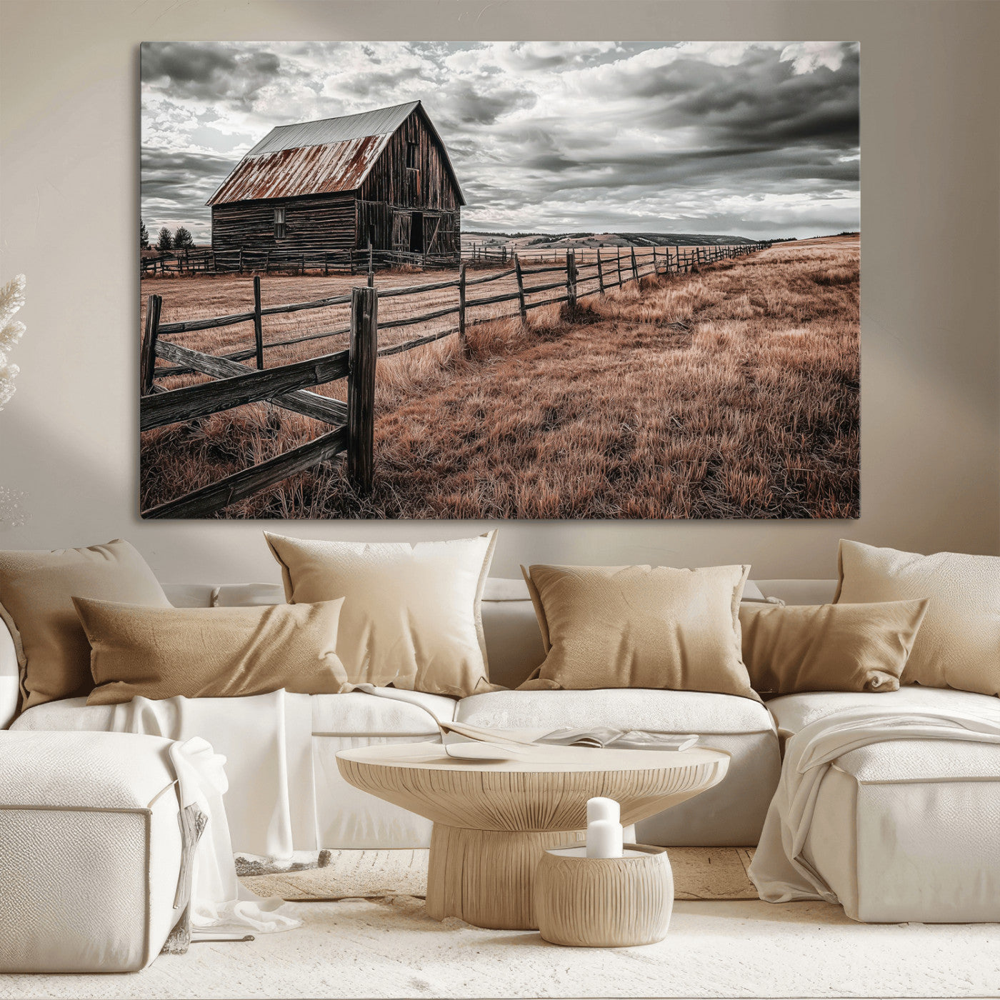 Framed canvas of a rustic barn under a moody sky with weathered fence and dark fields, ideal for farmhouse or rural-style wall decor.