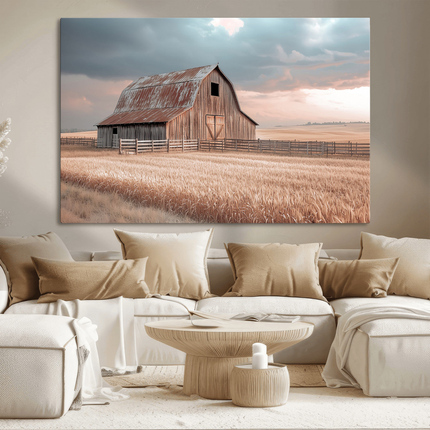 Framed canvas of a rustic barn in a golden wheat field under soft skies, ideal for vintage farmhouse or country-style wall decor.