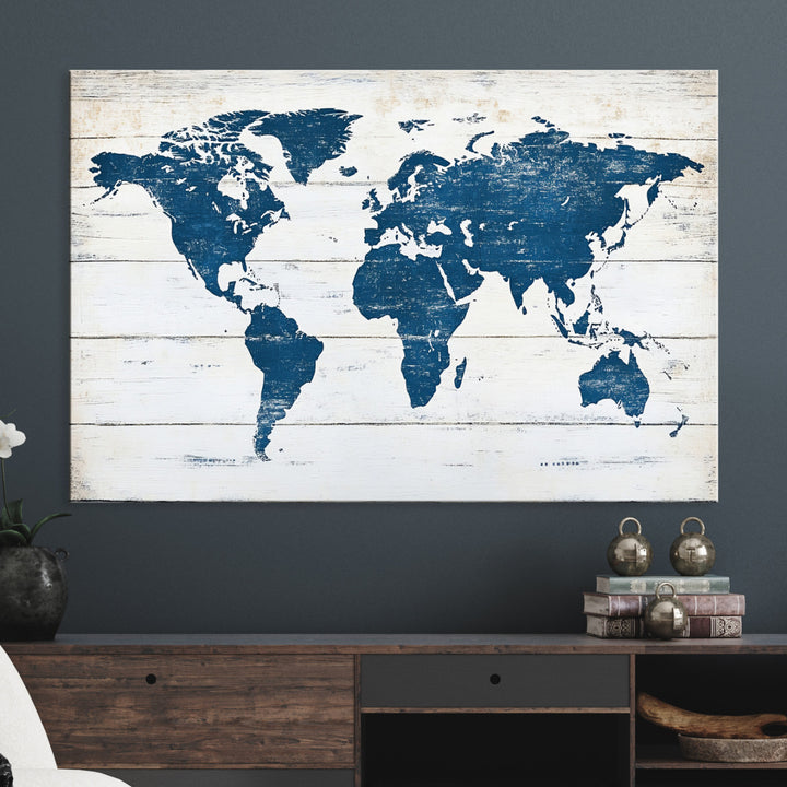 World Map Wall Art Canvas Print, Framed Rustic Atlas Art Picture Print, Wooden Map Perfect Vintage Decor Artwork