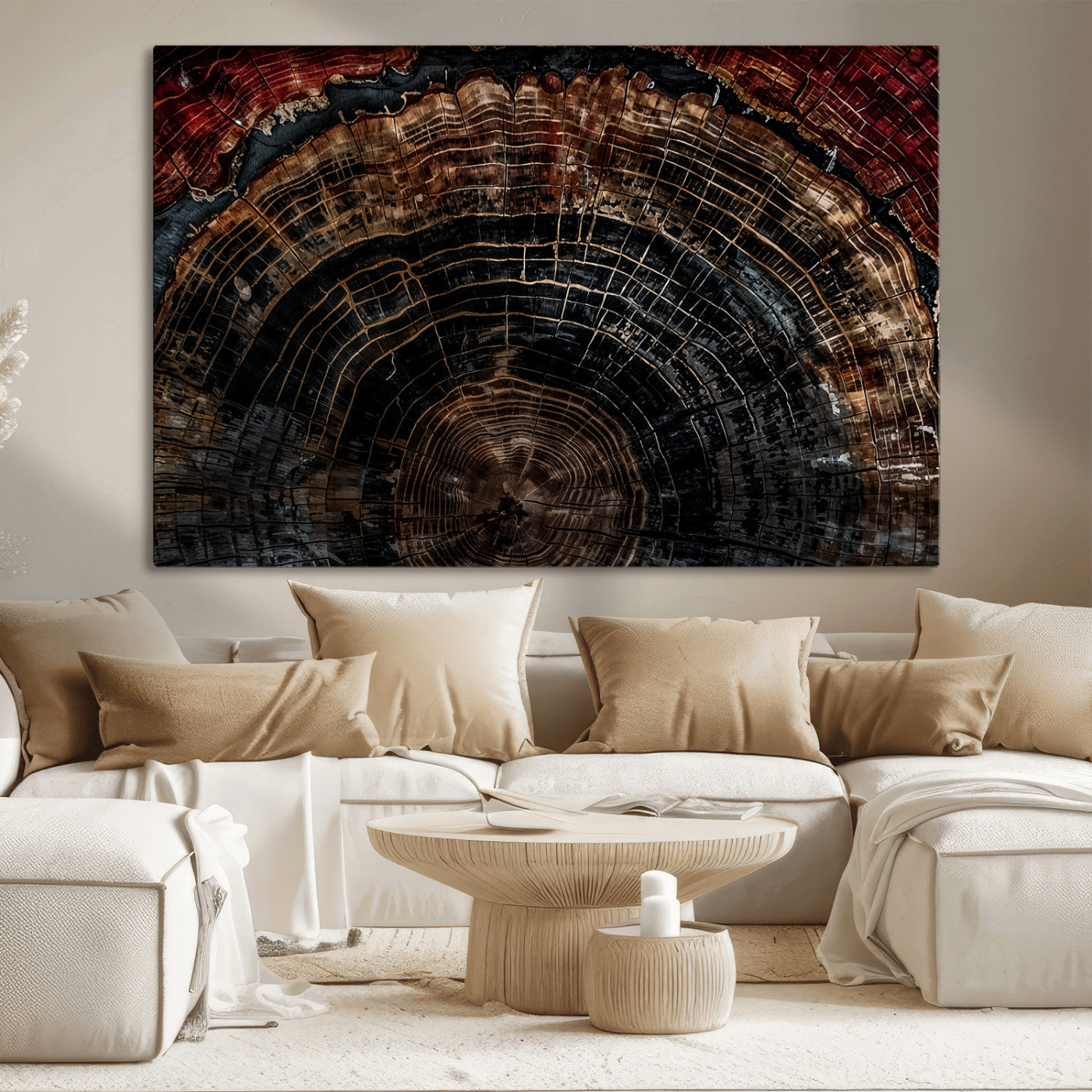 MGV-CV-36X24 - Dark Wood Ring Wall Art Canvas Print, Framed Abstract Wood Tree Art Picture Print, Rustic Tree Slice Perfect Rustic Decor Artwork
