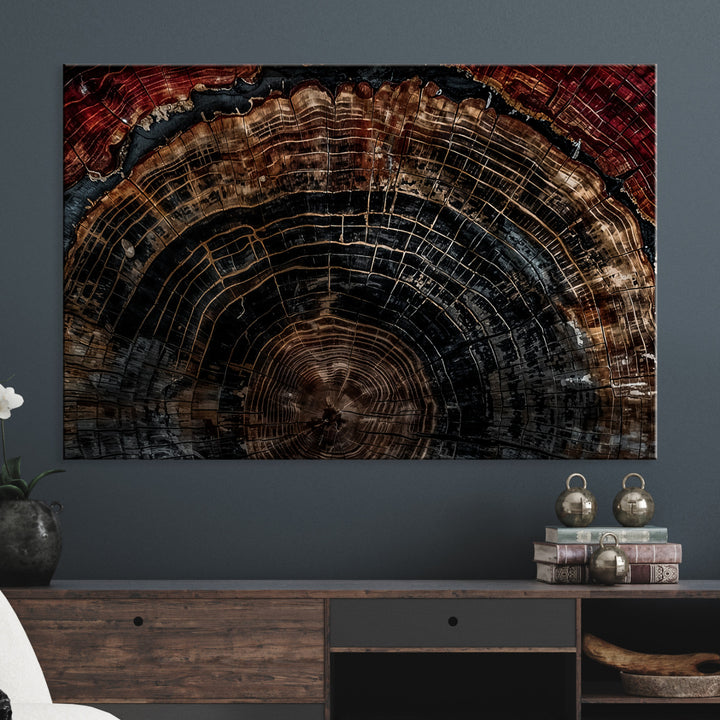 Dark Wood Ring Wall Art Canvas Print, Abstract Wood Tree Print, Framed Rustic Tree Slice Art Print, Large Organic Texture Printing Perfect for Rustic Decor