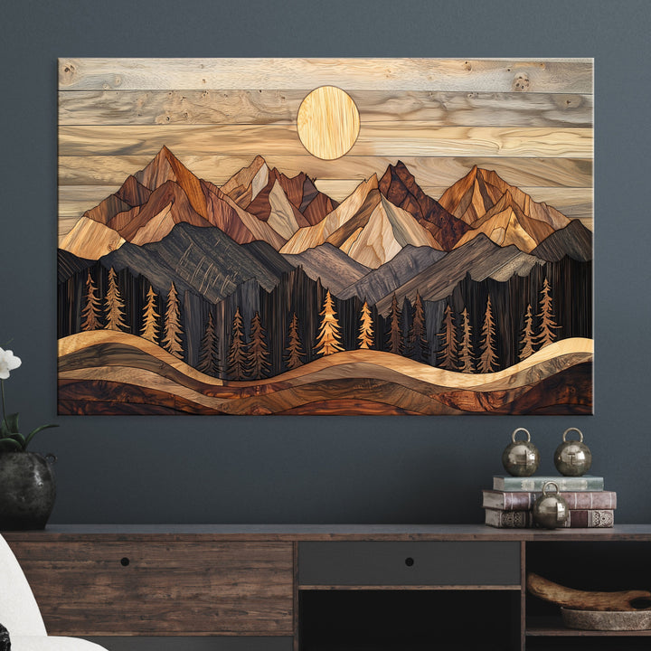 Wood Mountain Wall Art Canvas Print, Framed Boho Wood Art Print, Abstract Woodland Farmhouse Decor
