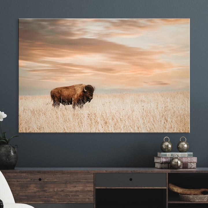 Bison Wall Art Canvas Print, Buffalo Print, Framed Western Prairie Art Print, Large Rustic Wildlife Printing Perfect for Rustic Decor