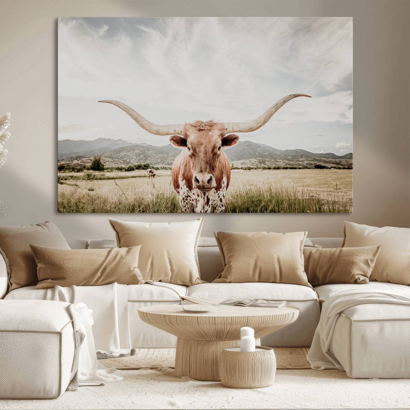 MGV-CV-36X24 - Texas Longhorn Wall Art Canvas Print, Framed Western Cow Art Picture Print, Rustic Farmhouse Perfect Farmhouse Decor Artwork