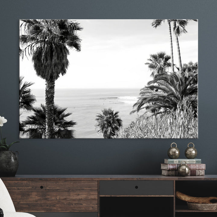 Palm Trees Wall Art Canvas Print, Framed Coastal Art Picture Print, Ocean Horizon Perfect Monochrome Coast Decor