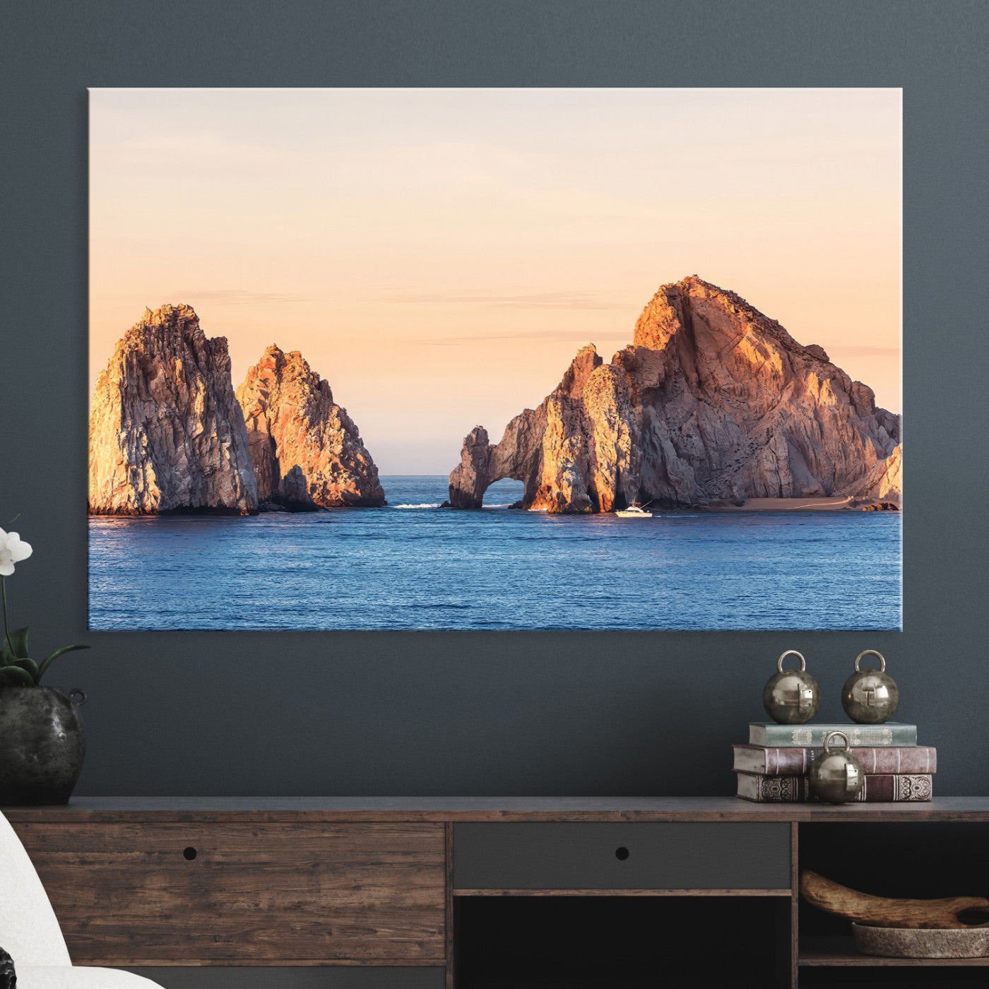 72996116-MGV-CV-36X24-El Arco Wall Art Canvas Print, Framed Cabo Rocks Art Picture Print, Ocean Arch Perfect Golden Coastal Landmark Decor, The Arch Canvas Print