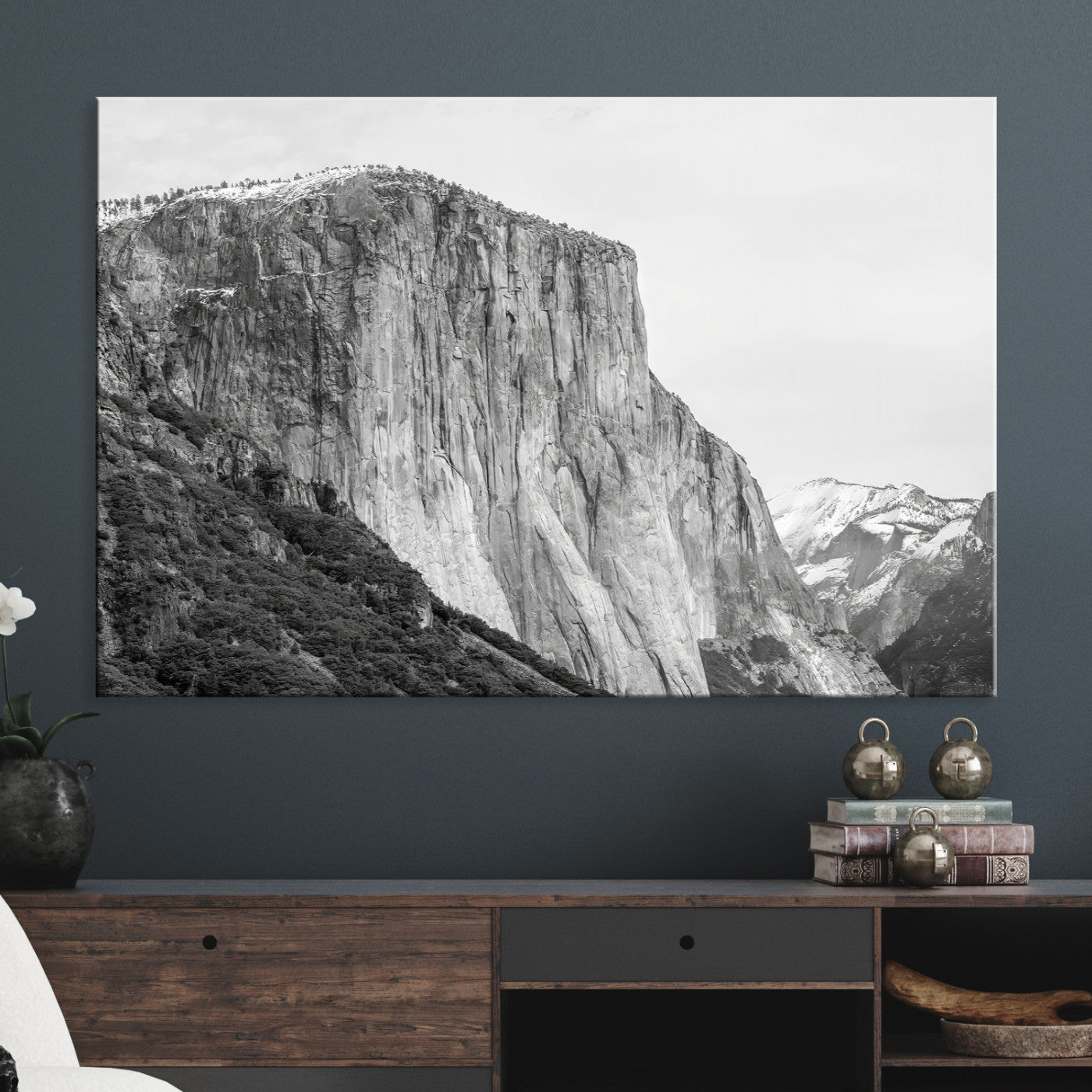 El Capitan Wall Art Canvas Print, Framed Yosemite Cliff Art Picture Print, Monochrome Mountain Perfect Monochrome Sierra Decor