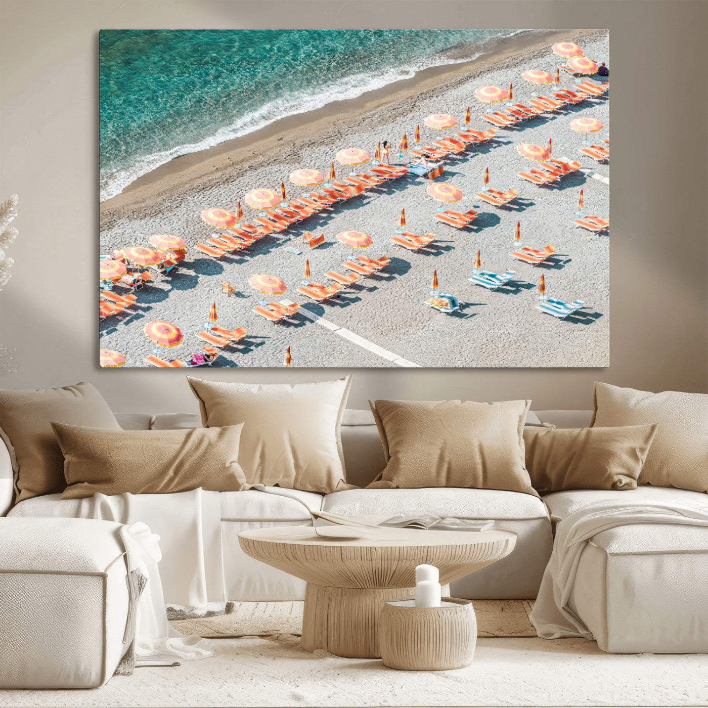 27805351-MGV-CV-36X24 - Beach Umbrellas Wall Art – Orange Loungers & Turquoise Water Canvas Print, Sandy Shore and Summer Vibes