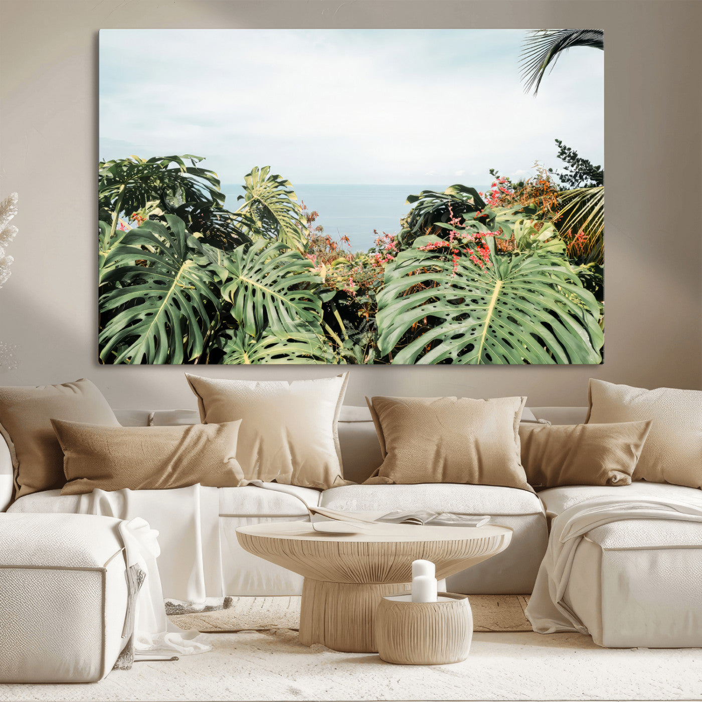 45700479-MGV-CV-36X24 - Tropical Greenery Wall Art – Exotic Leaves & Ocean View Canvas Print, Sunlit Paradise and Vibrant Nature for Living Room or Coastal Decor