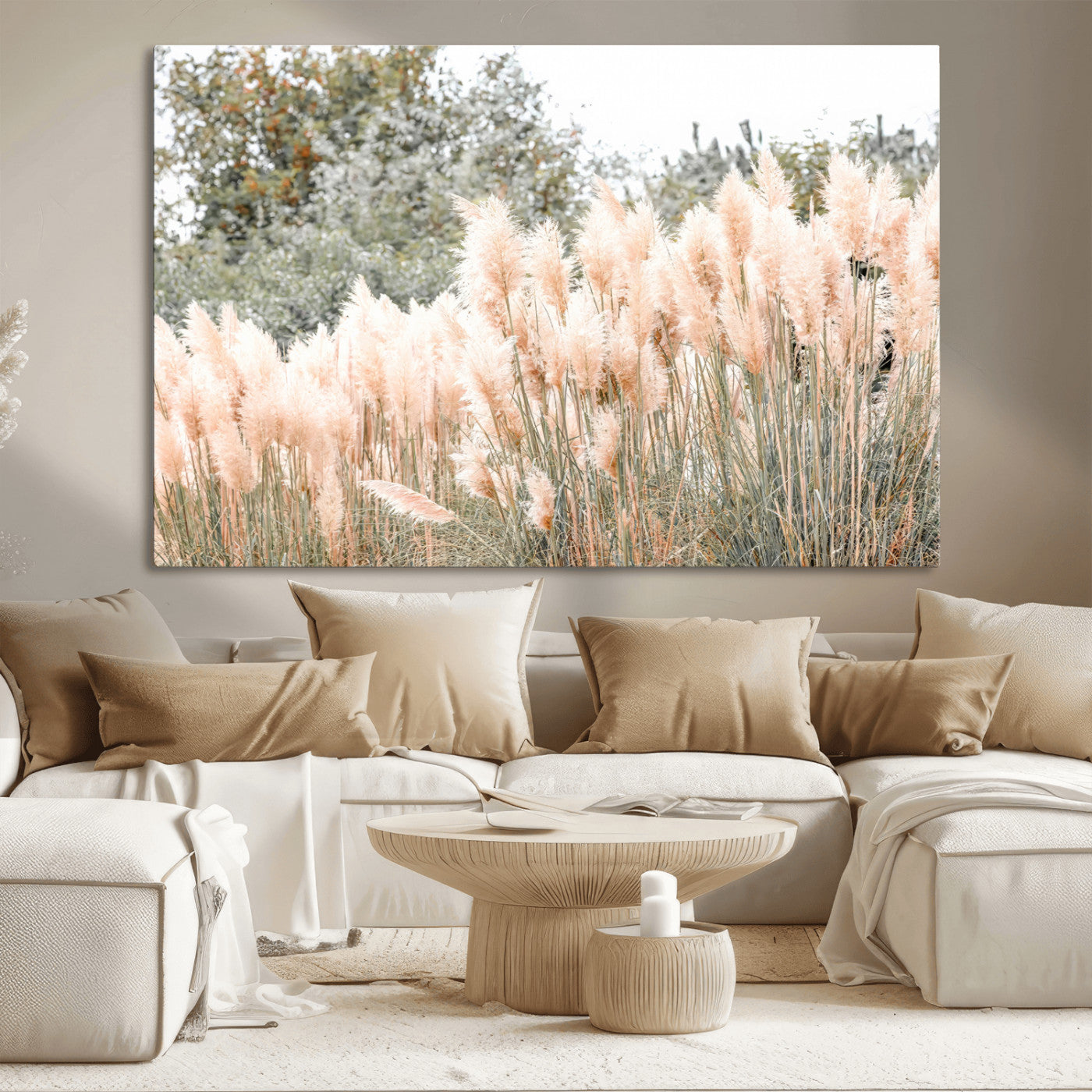 21826392-MGV-CV-36X24 - Pampas Grass Wall Art – Soft Blush Hues and Natural Texture Canvas Print, Serene Outdoors & Botanical Charm for Living Room or Nature Decor