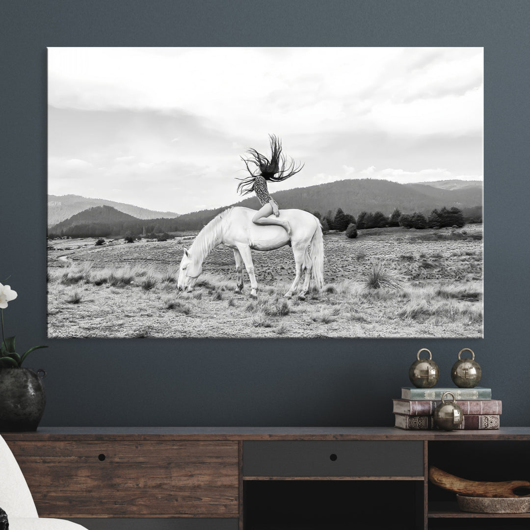 White Horse Wall Art Canvas Print, Woman Rider Print, Framed Equestrian Pose Art Print, Large Grazing Horse Printing Western Boho