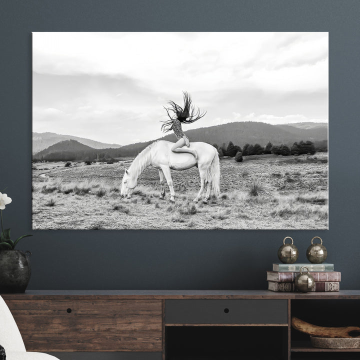 White Horse Wall Art Canvas Print, Woman Rider Print, Framed Equestrian Pose Art Print, Large Grazing Horse Printing Western Boho
