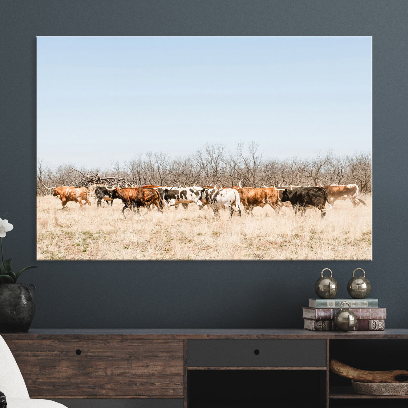 Texas Longhorns Wall Art Canvas Print, Western Cattles Print Wall Art, Framed Rustic Herd Art Print, Large Country Cows Printing Rustic