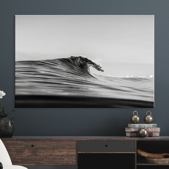 Black Wave Wall Art Canvas Print, Abstract Surf Print, Framed Minimalist Ocean Art Print, Large Black Water Printing Minimalist