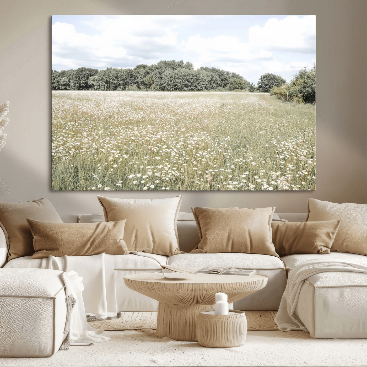 MGV-CV-36X24 - Charming Daisy Field Wall Art Canvas Print, Framed Pastel Flower Art Picture Print, Meadow Bloom Perfect Scandinavian Minimalist Decor Artwork