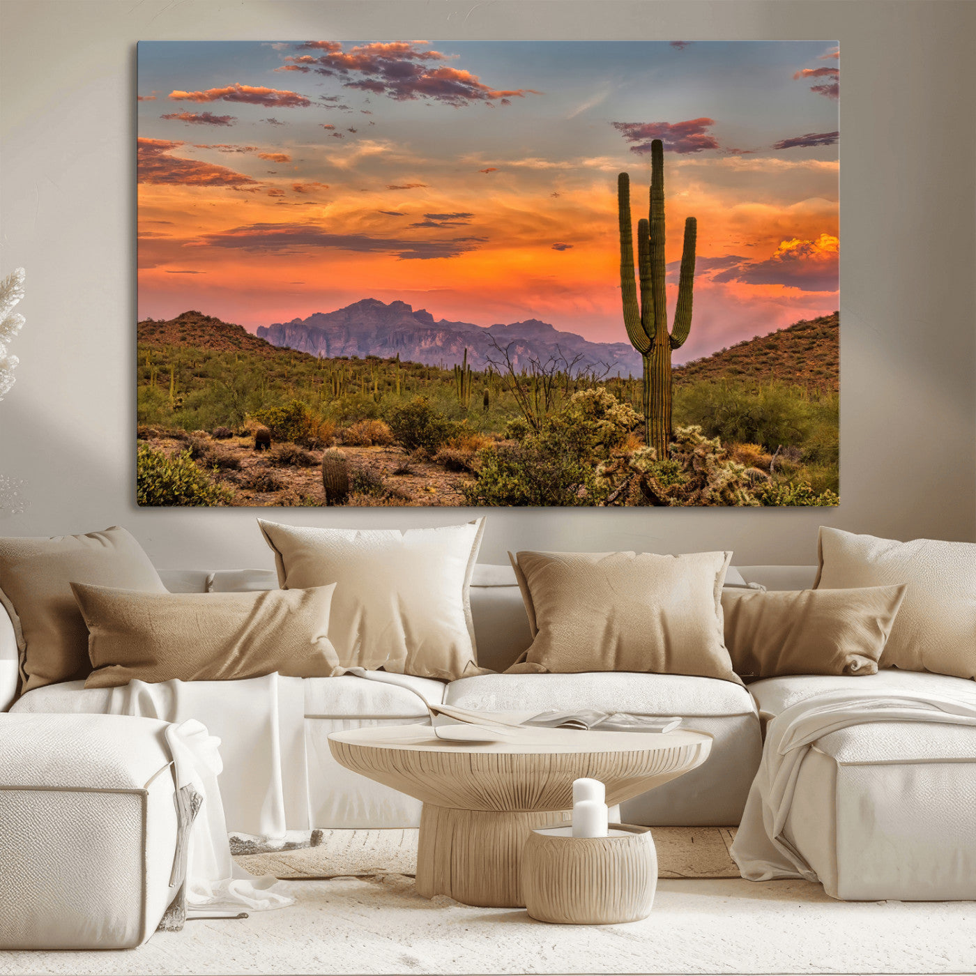 MGV-CV-36X24 - Saguaro Cactus Wall Art Canvas Print, Framed Arizona Sunset Art Picture Print, Sonoran Desert Perfect Southwestern Boho Decor Artwork