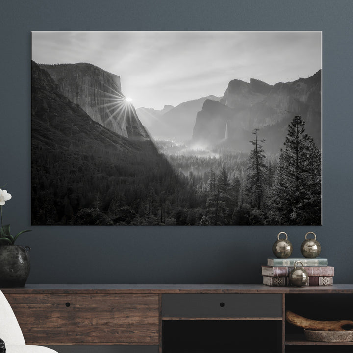 Yosemite Valley Wall Art Canvas Print, Framed El Capitan Sunrise Print, Framed Misty Mountain Art Print, Large Monochrome Valley Printing