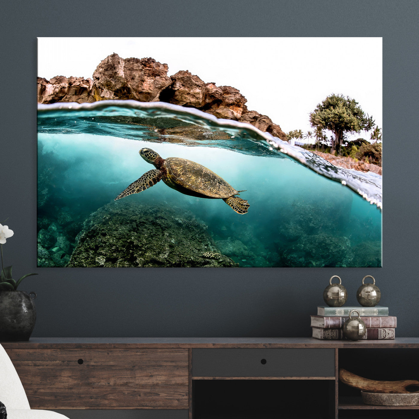 44200301-MGV-CV-36X24-Sea Turtle Wall Art Canvas Print, Framed Ocean Life Art Picture Print, Tropical Perfect Coastal Decor