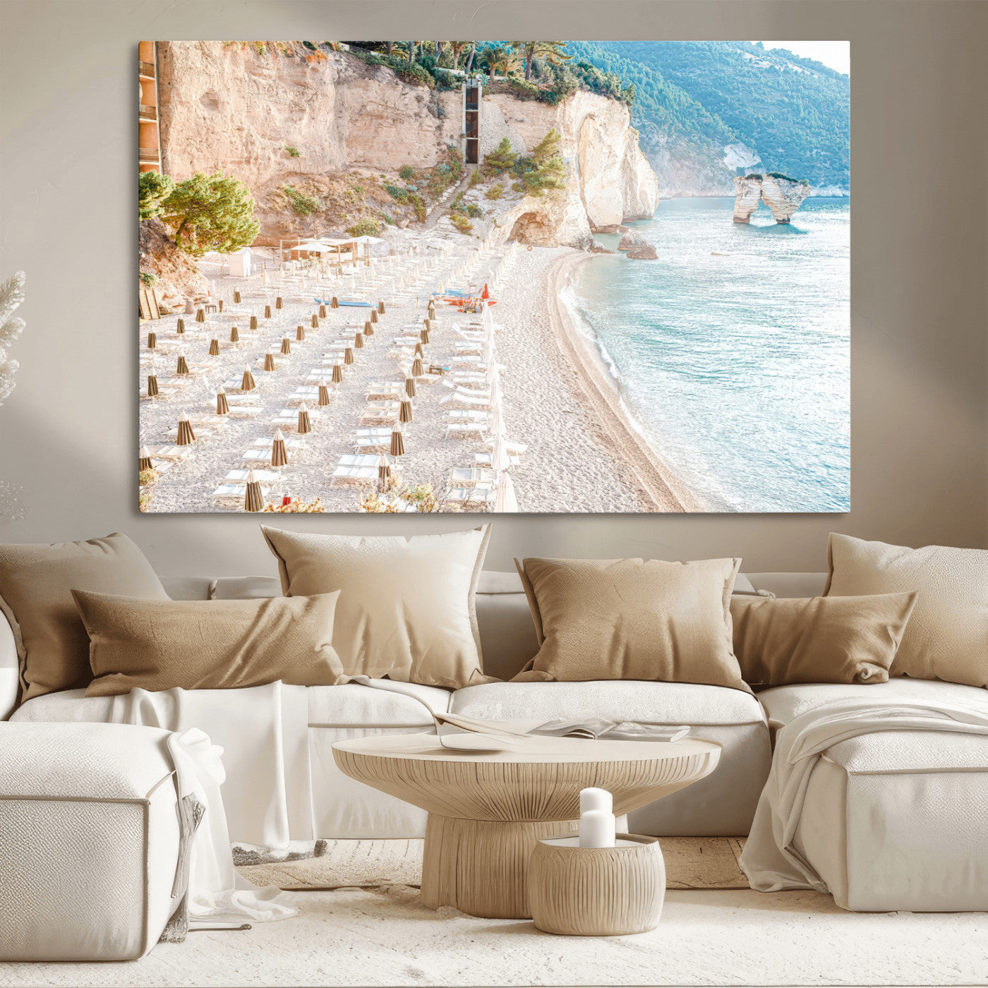 84816639-MGV-CV-36X24 - Sunny Beach Wall Art – Chairs & Umbrellas Canvas Print, Clear Water, Rocky Cliffs, Coastal Calm for Living Room or Vacation Home Decor