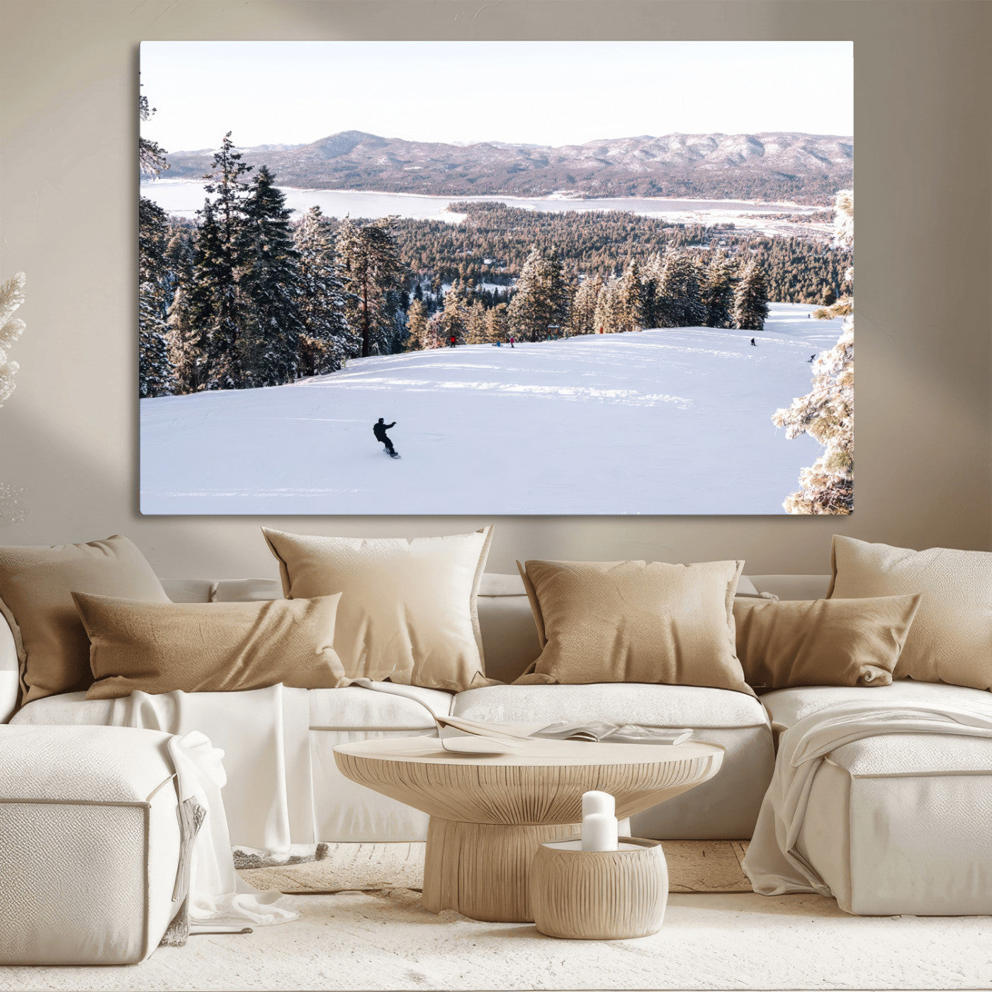 79857868-MGV-CV-36X24 - Snowboarder Wall Art – Winter Slope Canvas Print, Pine Forest, Snow-Covered Mountains, Outdoor Adventure for Living Room or Cabin Decor