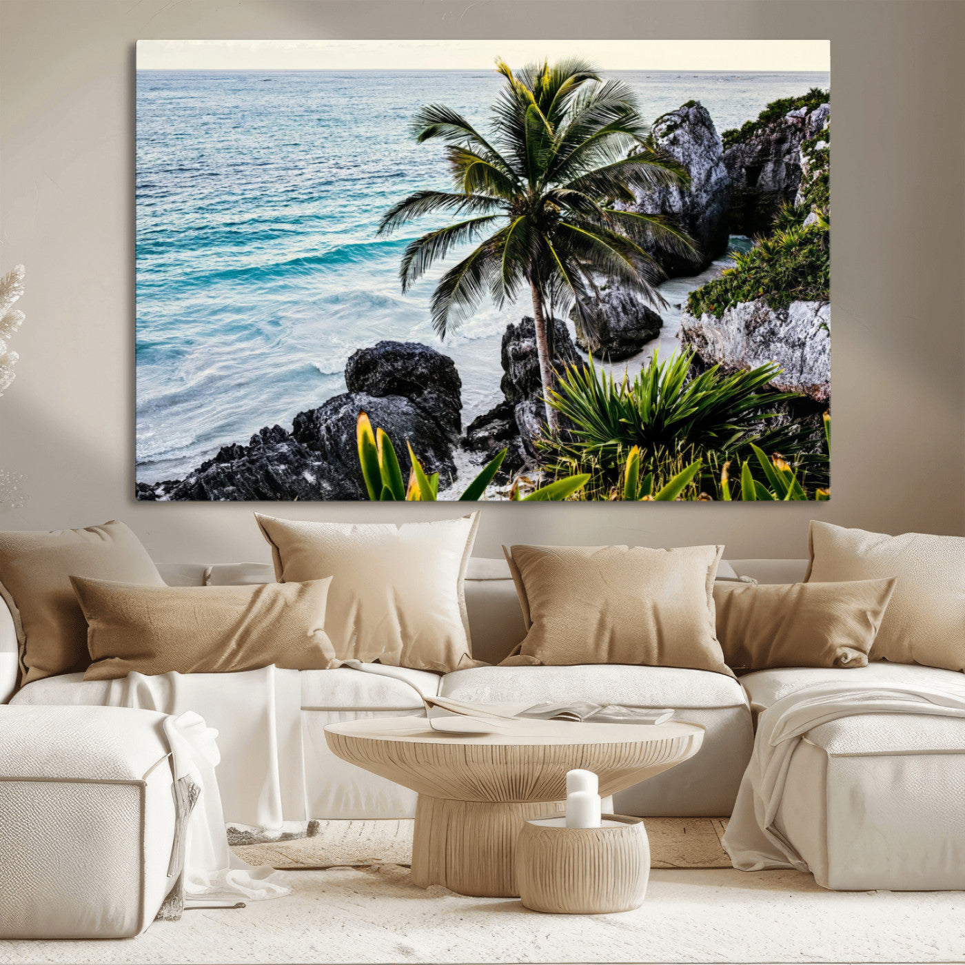 94669907-MGV-CV-36X24 - Tropical Palm Wall Art – Coastal Rocks Canvas Print, Ocean Breeze, Sandy Shore, Vibrant Green Foliage for Living Room or Beach House Decor