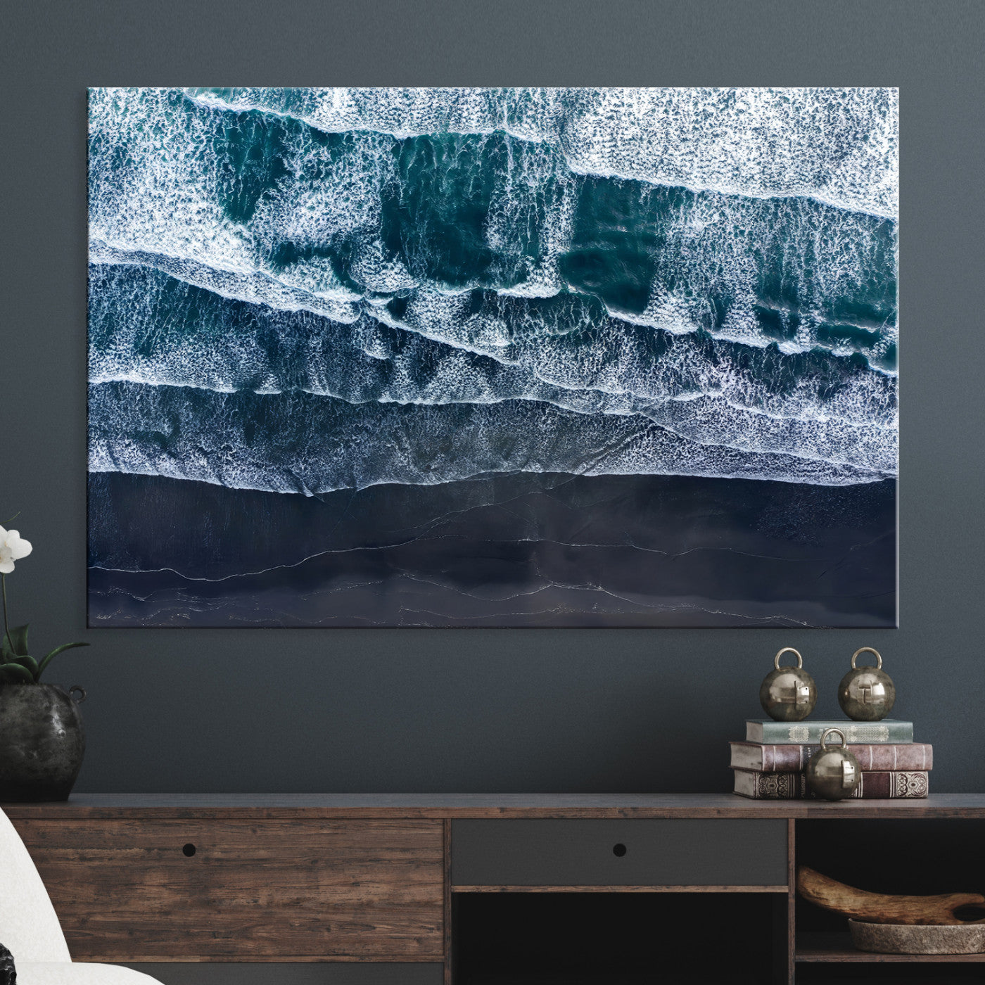 87941475-MGV-CV-36X24-Black Beach Wall Art Canvas Print, Framed Aerial Ocean Art Picture Print, Moody Coastal Perfect Coastal Decor, Aerial Ocean Wall Art Canvas