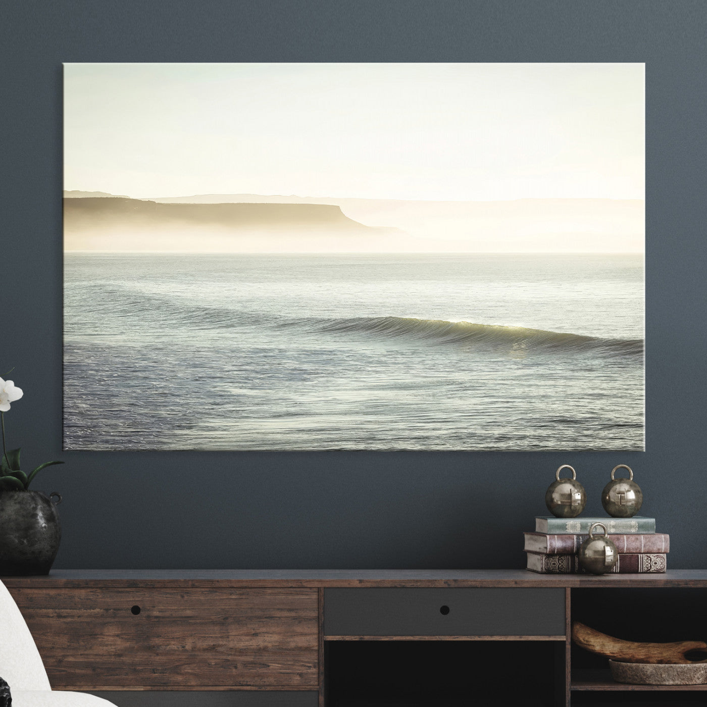 39310633-MGV-CV-36X24-Coastal Cliffs Wall Art Canvas Print, Framed Misty Ocean Art Picture Print, Soft Morning Perfect Minimalistic Decor, Framed Misty Ocean,