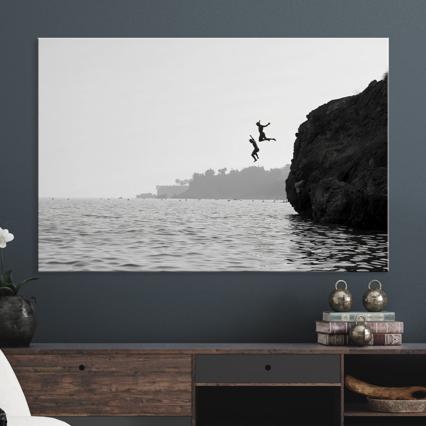 52284302-MGV-CV-36X24-Jumping Wall Art Canvas Print, Framed Ocean Art Picture Print, Coastal Perfect Coastal Decor, Framed Cliff Diving Wall Art