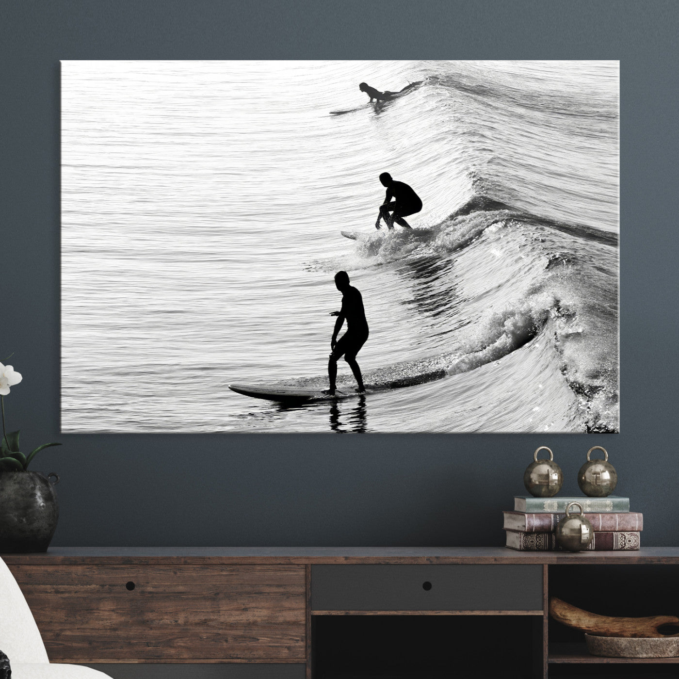 19875284-MGV-CV-36X24-Surfers on Waves Wall Art Canvas Print, Framed Black White Surf Art Picture Print, Monochrome Ocean Perfect Modern Coastal Decor, Surfers on