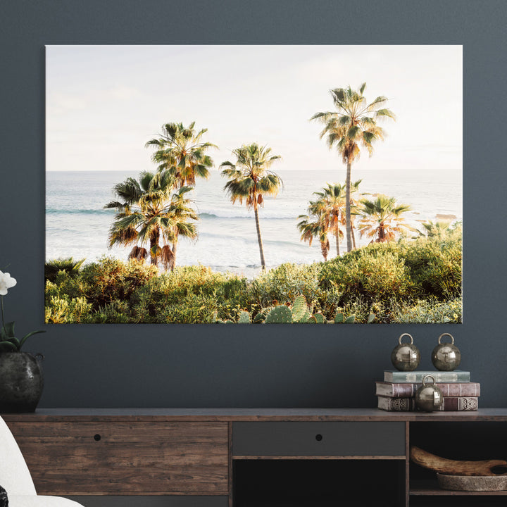 California Coast Wall Art Canvas Print, Framed Palm Trees Art Picture Print, Coastal Landscape Perfect Coastal Minimalist Decor