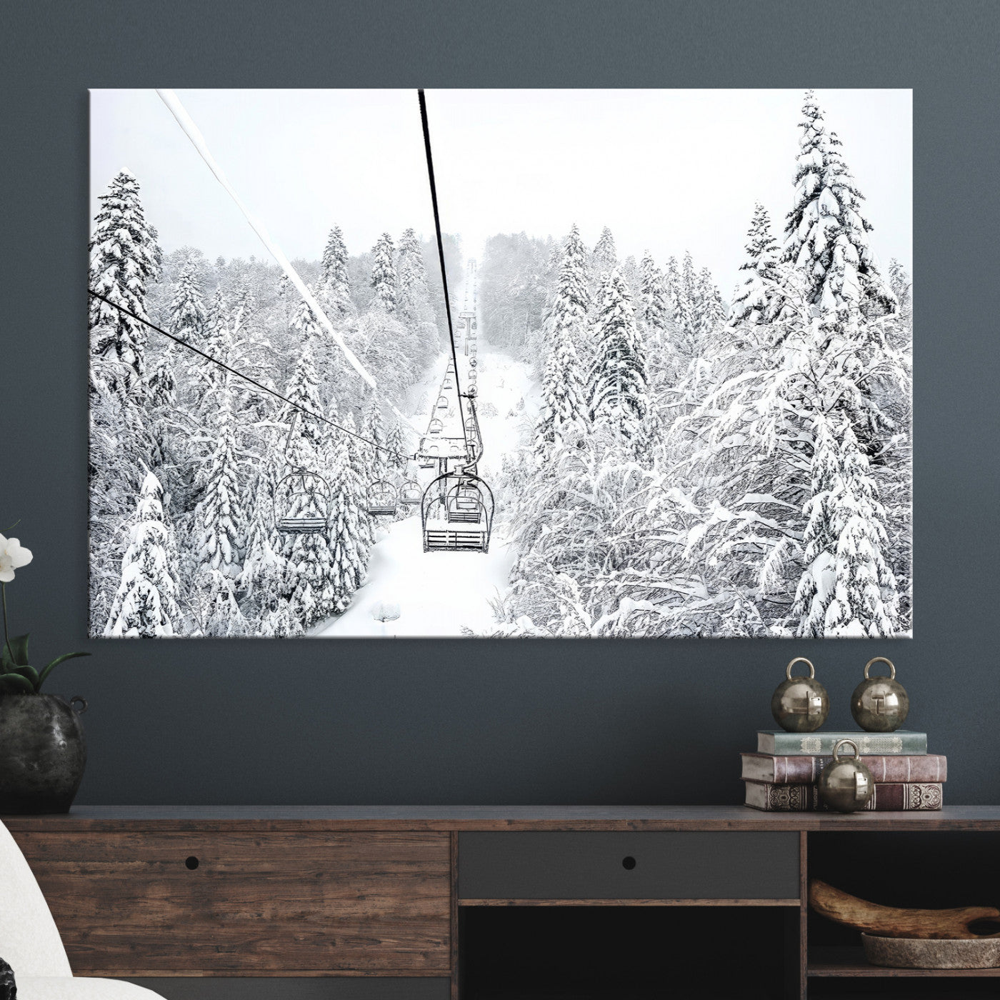 Winter Forest Wall Art Canvas Print, Framed Snowy Forest Art Picture Print, Winter Ski Lift Perfect Scandinavian Minimalist 3/3 Decor