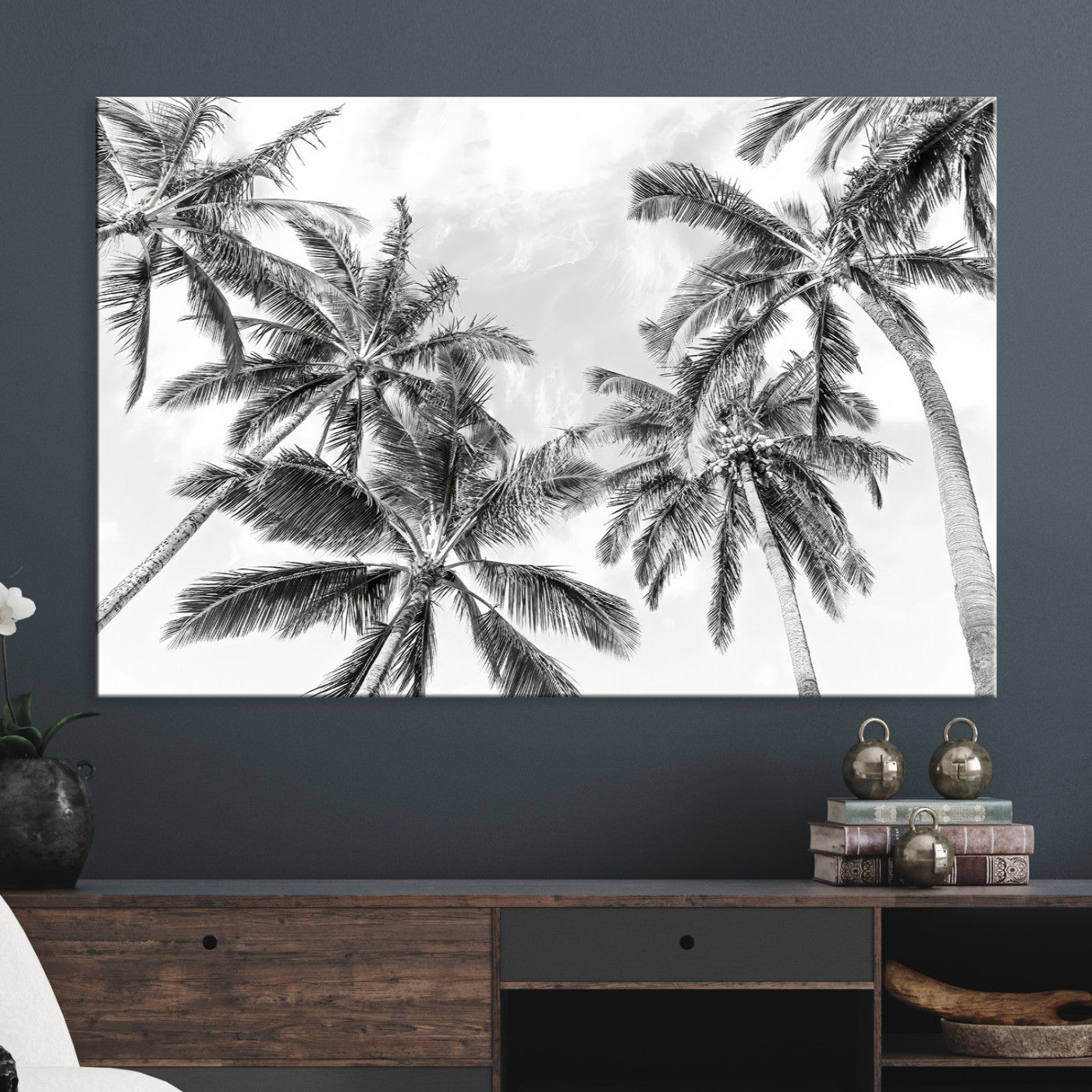 Framed Black White Palm Canvas Print, Framed Monochrome Tropics Art Picture Print, Minimalist Beach Perfect Coastal Minimalist Decor