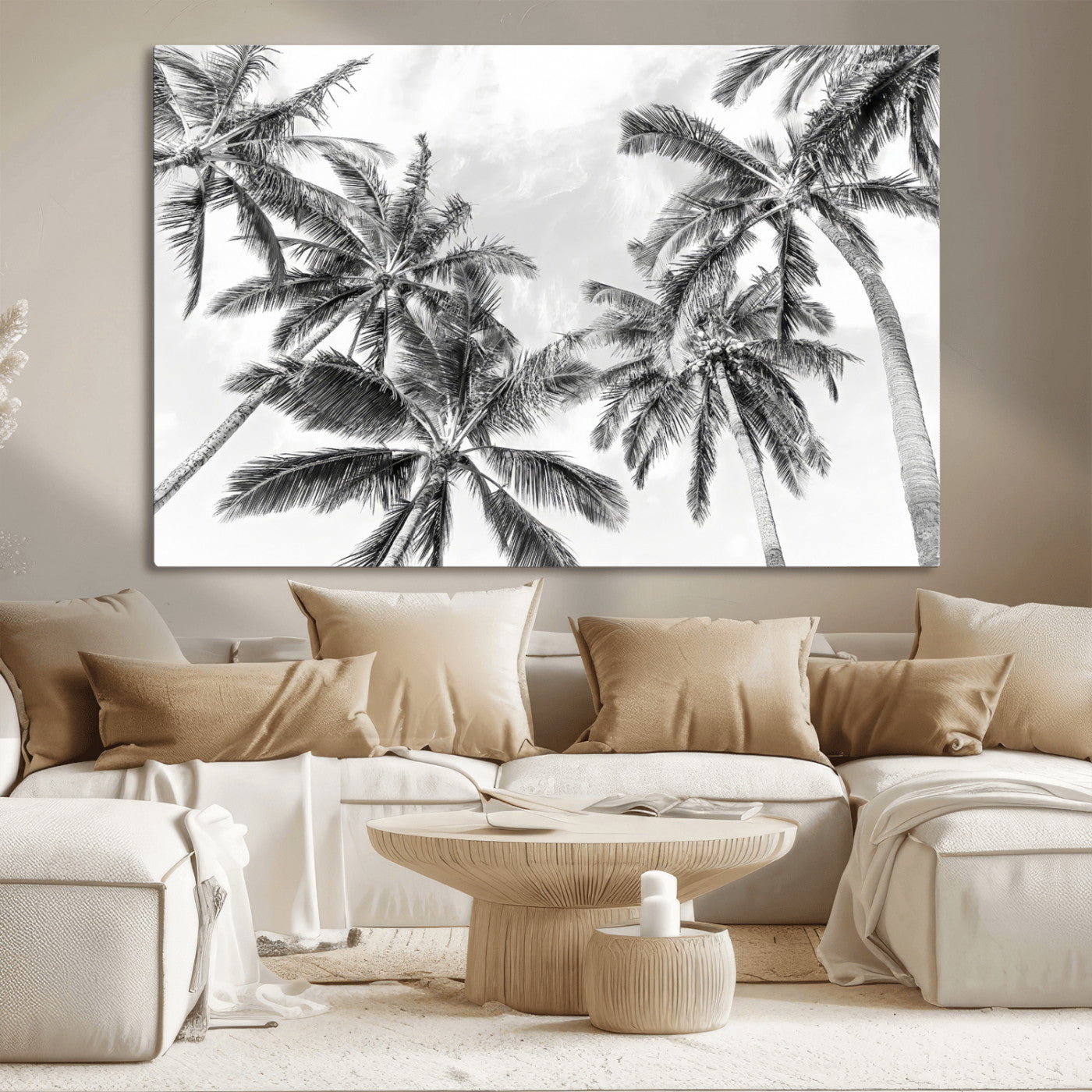MGV-CV-36X24 - Black White Palm Wall Art Canvas Print, Framed Monochrome Tropics Art Picture Print, Minimalist Beach Perfect Coastal Minimalist Decor Artwork