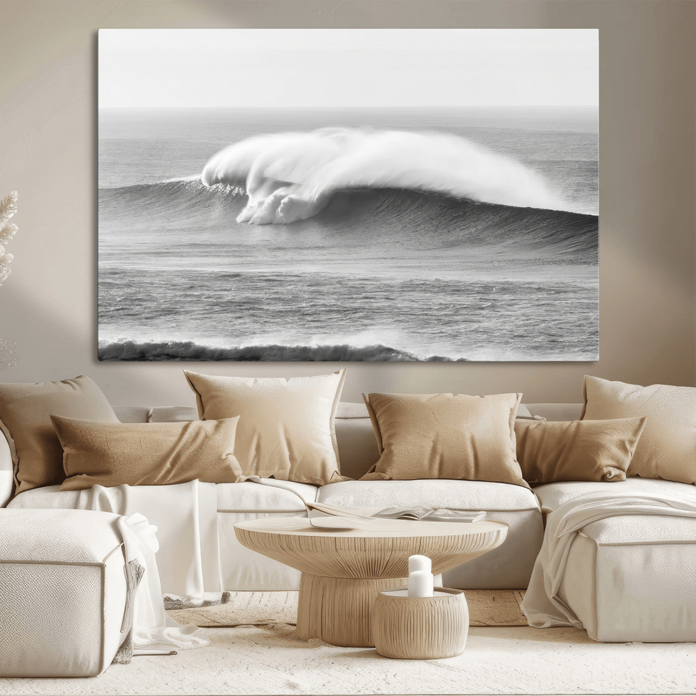 A dramatic black and white ocean wave crashing with immense force, capturing the raw power and movement of the sea in a bold seascape.