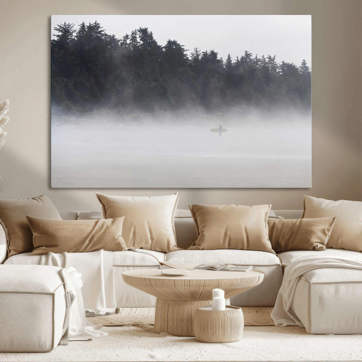 A lone surfer carrying a board through a misty shoreline, surrounded by dense trees and fog, creating a peaceful and mysterious coastal scene.