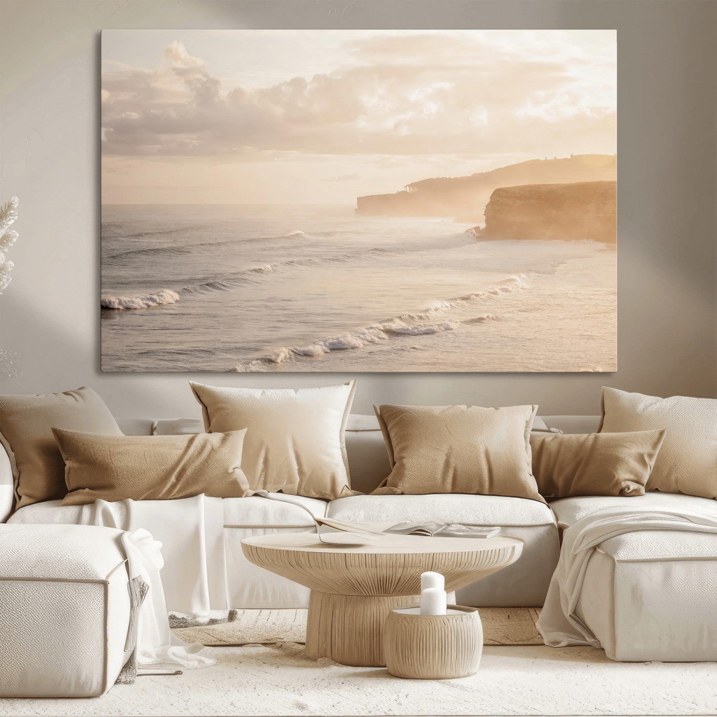 Golden hour seascape with misty cliffs and gentle waves rolling towards the shore, capturing a tranquil and warm coastal atmosphere.