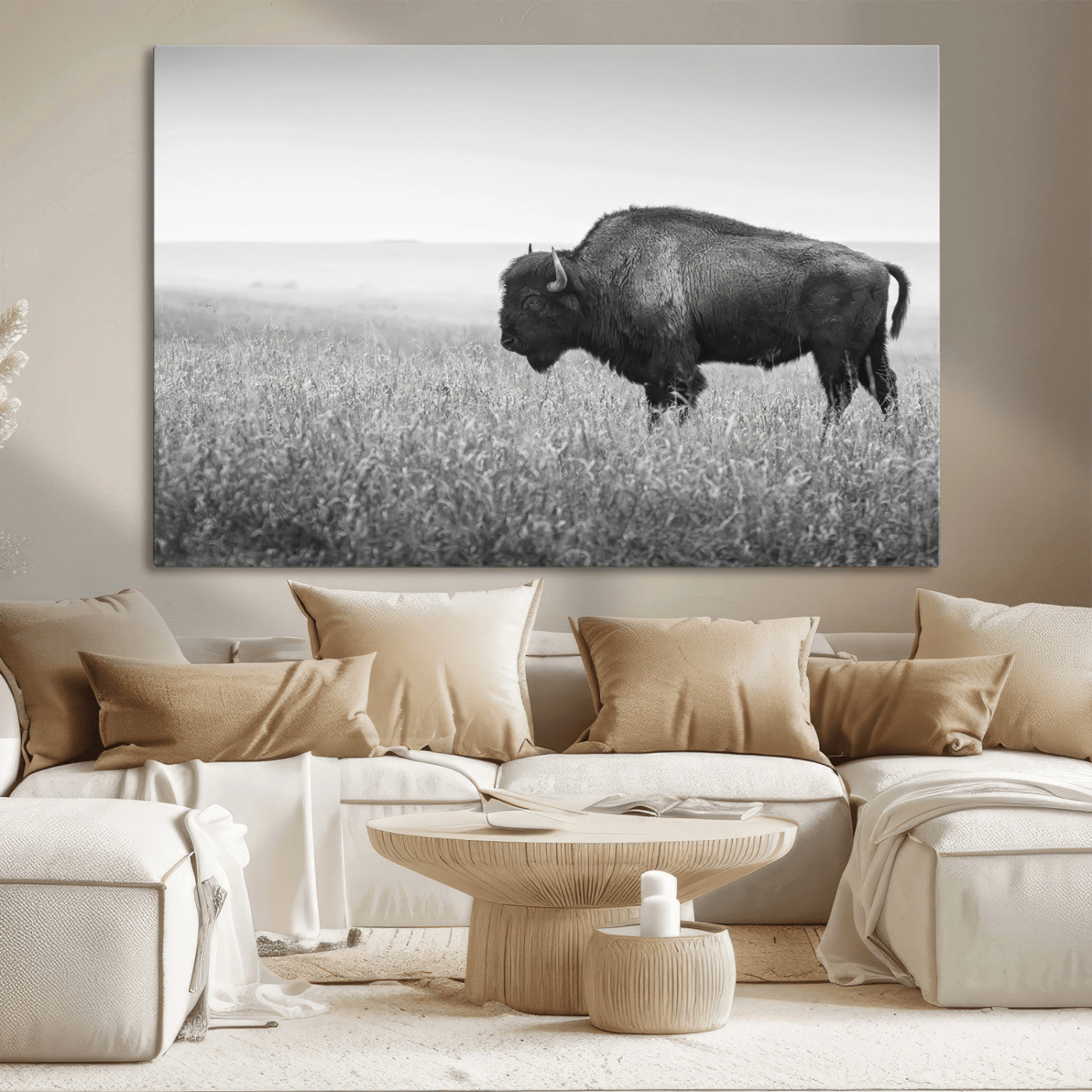 A black and white photograph of a majestic bison standing in a vast grassy prairie, evoking a sense of wilderness and strength.