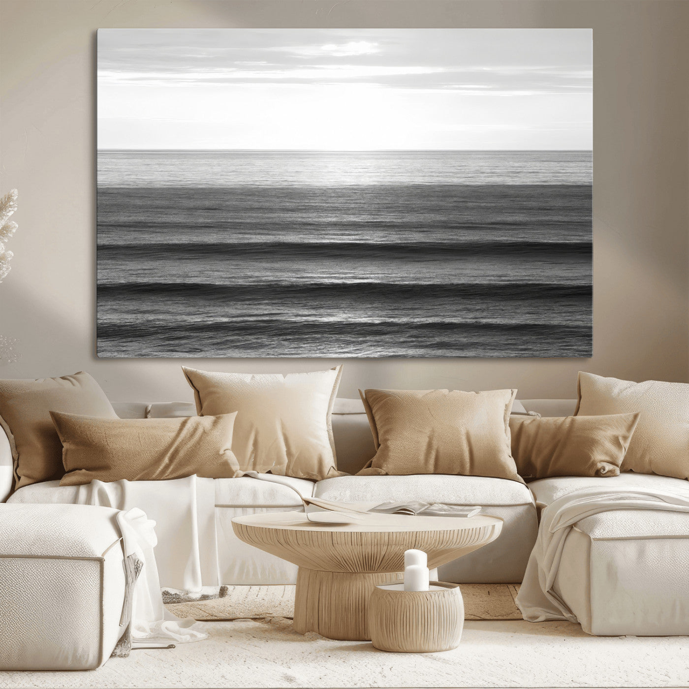 Minimalist black and white ocean view with layered waves reflecting sunlight, evoking a sense of calm and coastal serenity.