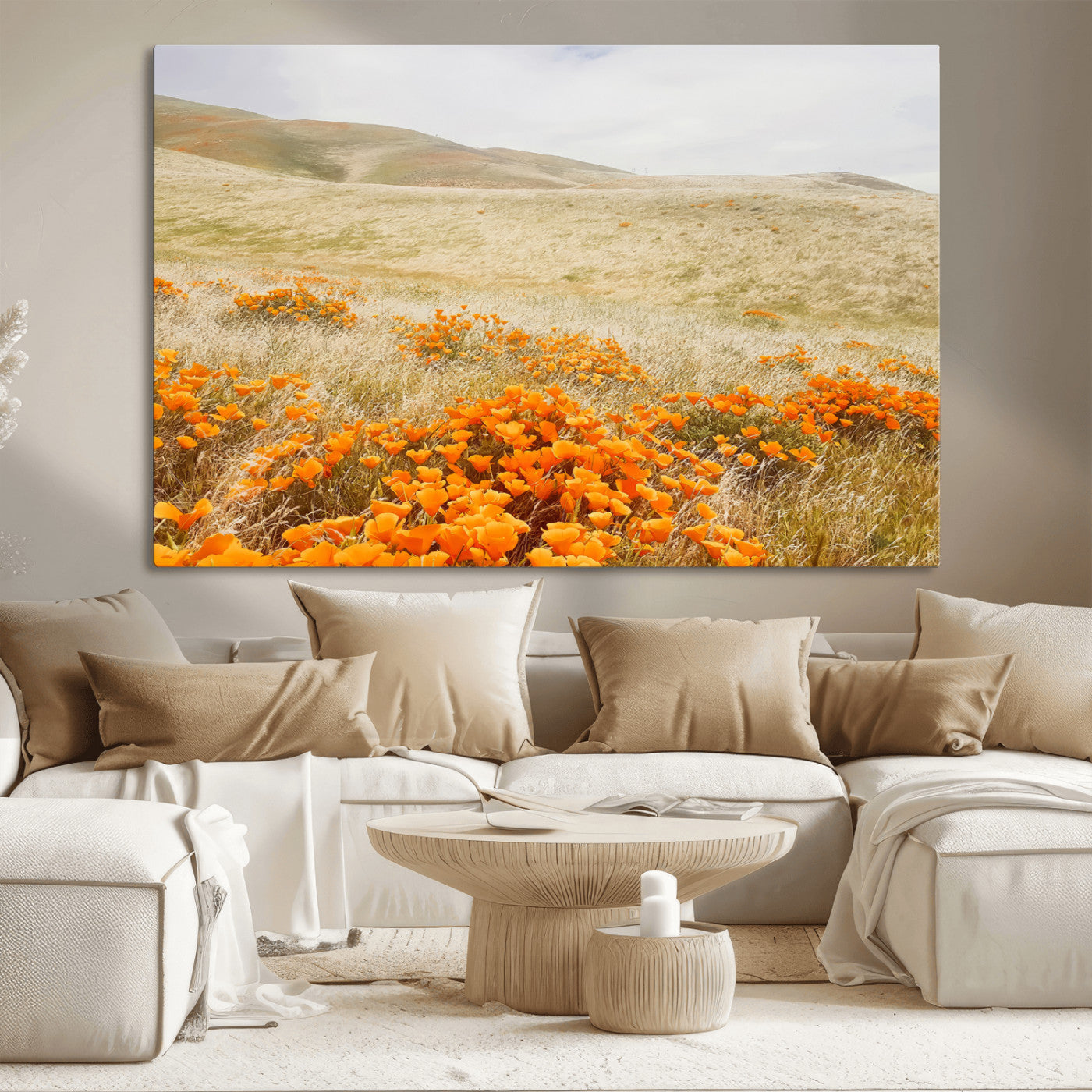 A golden field with vibrant orange poppies blooming across rolling hills under a soft, sunlit sky, creating a warm and rustic landscape.