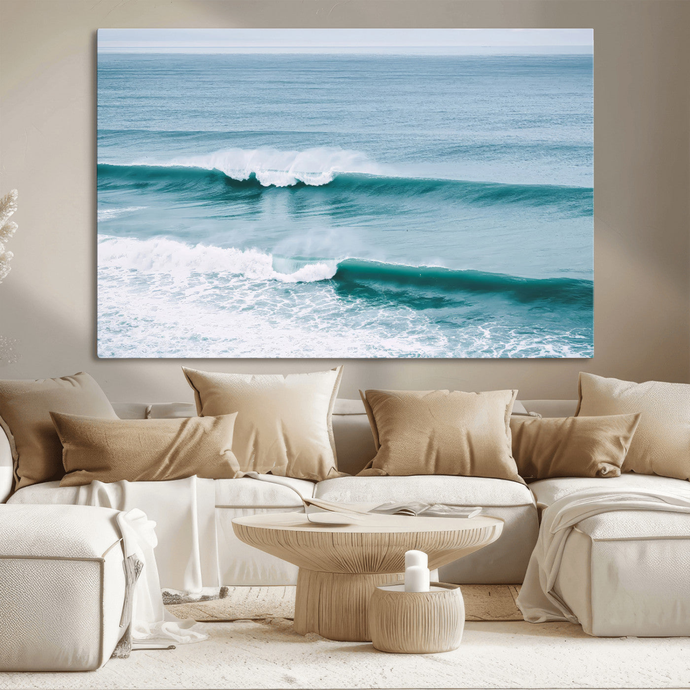Powerful ocean waves rolling towards the shore, their turquoise hues blending with white sea foam under an open horizon, capturing the essence of the ocean's movement.