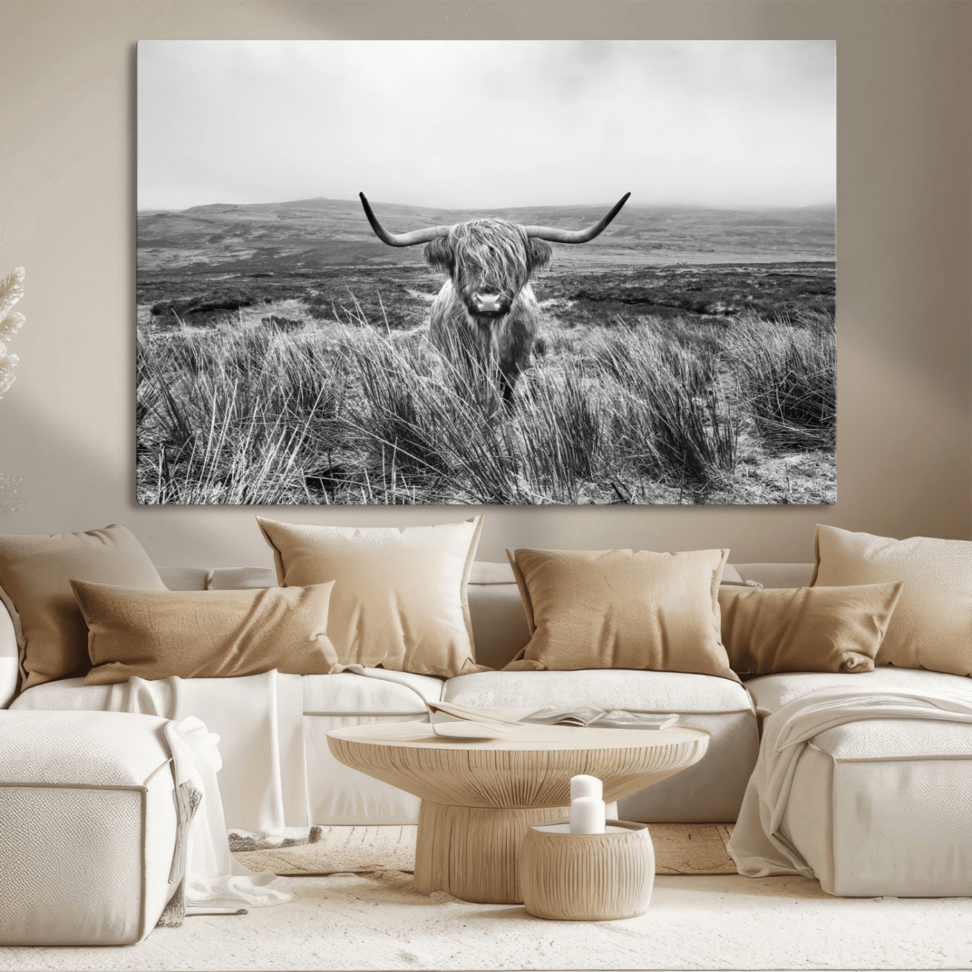 A black and white portrait of a Highland cow in a foggy Scottish countryside, capturing a rustic aesthetic and tranquil farm escape.