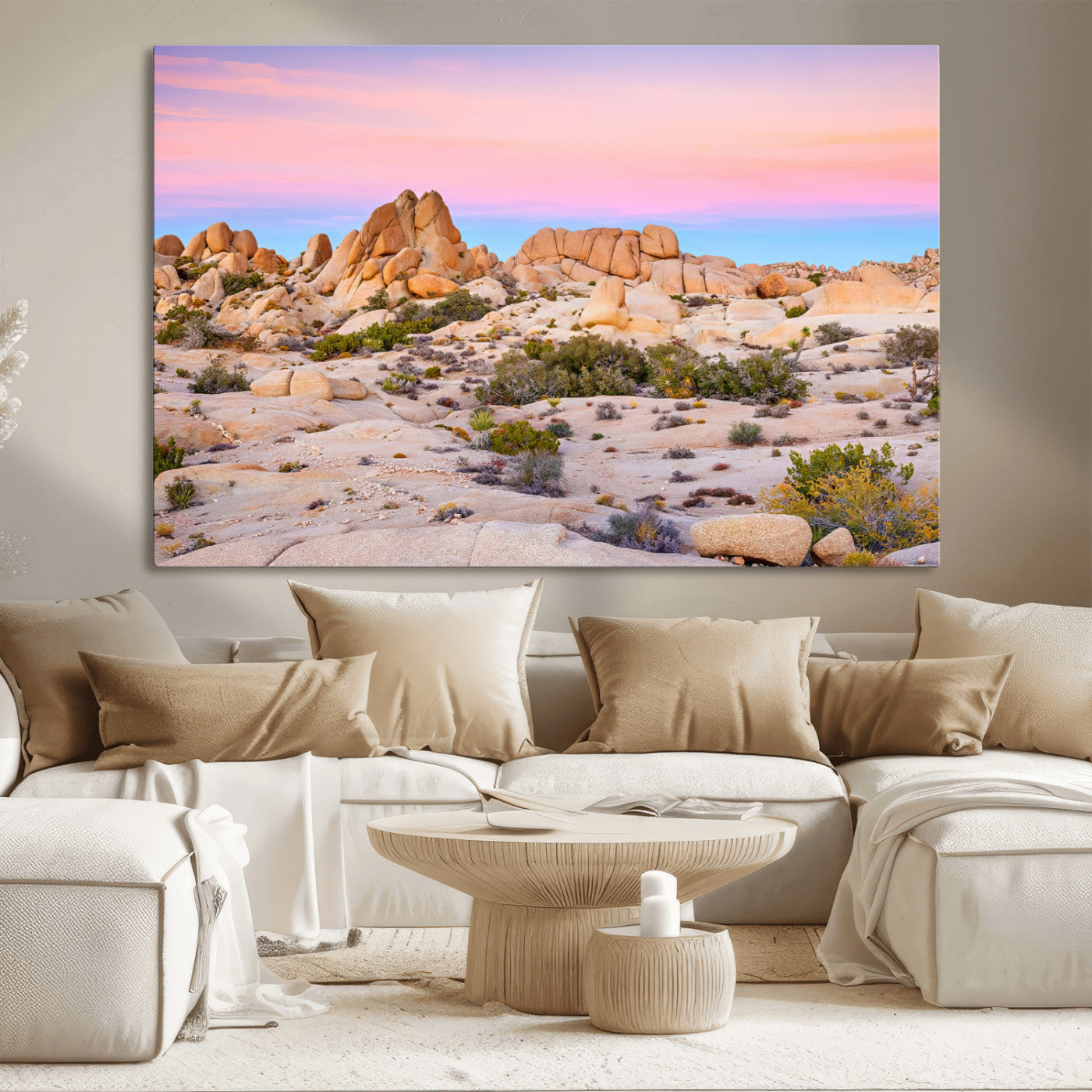 A breathtaking desert landscape featuring rugged rock formations under a vibrant pastel sunset sky, capturing the warmth and serenity of a Southwestern wilderness.