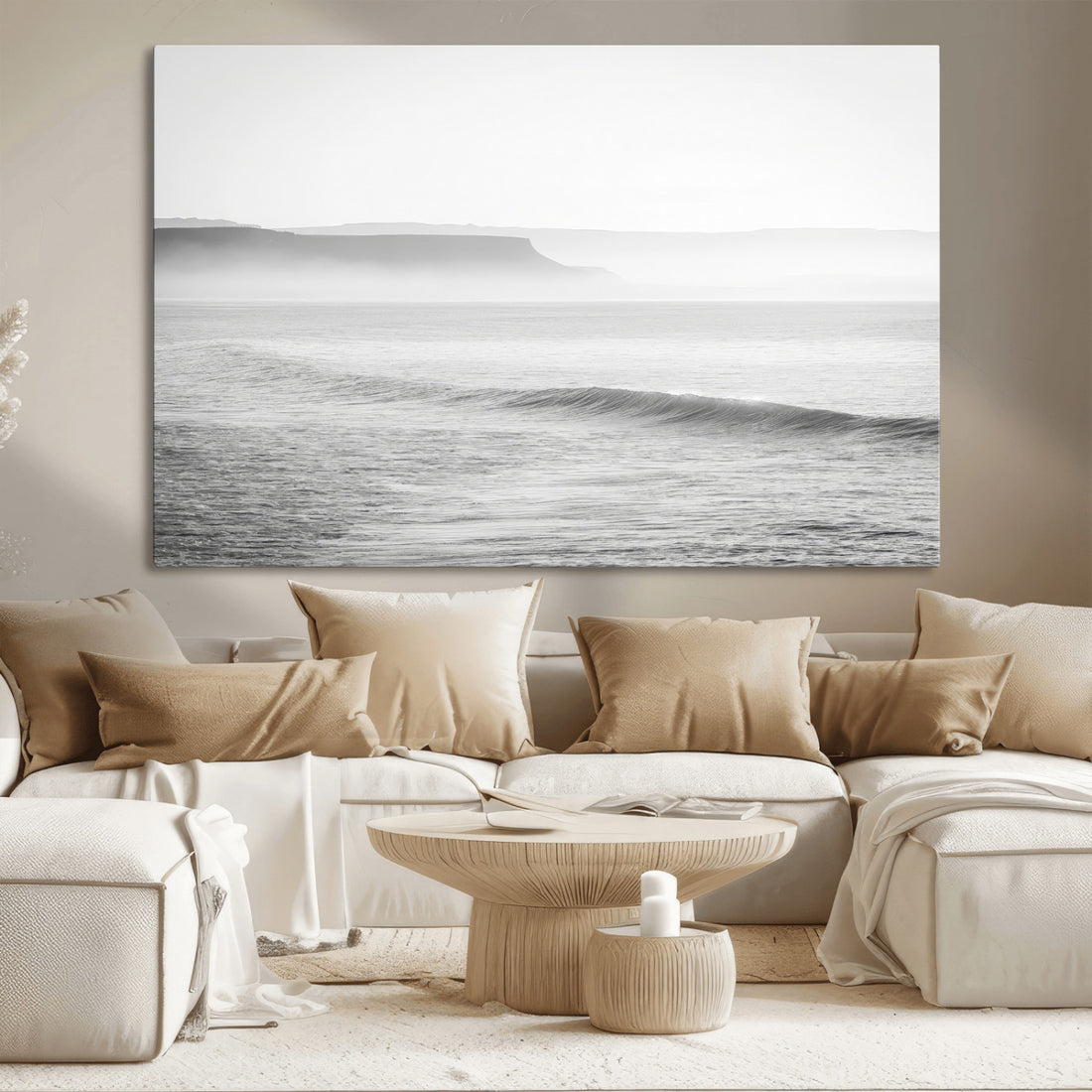 Black and White Seascape Wall Art Canvas Print, Framed Ocean Waves Art, Misty Coastal