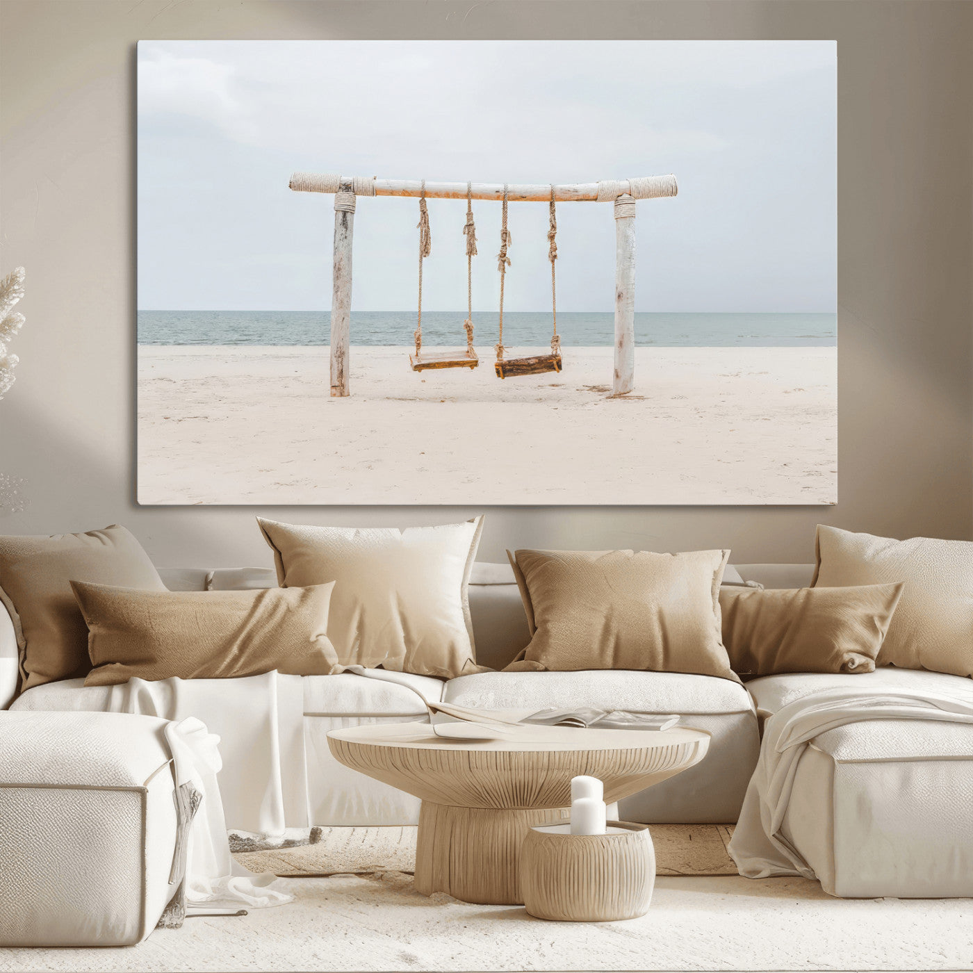 A rustic wooden beach swing stands on a serene sandy shore with an ocean horizon in the background, creating a tranquil and dreamy coastal escape.